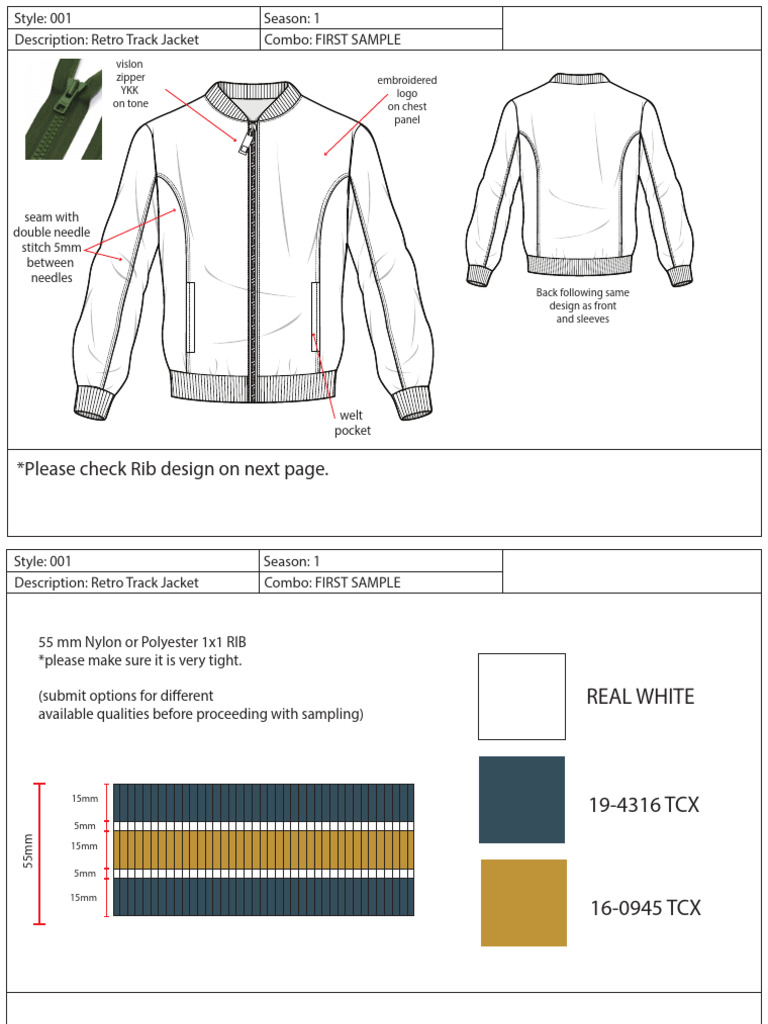 Retro Track Jacket Tech Pack Template | PDF | Embroidery | Softlines ...