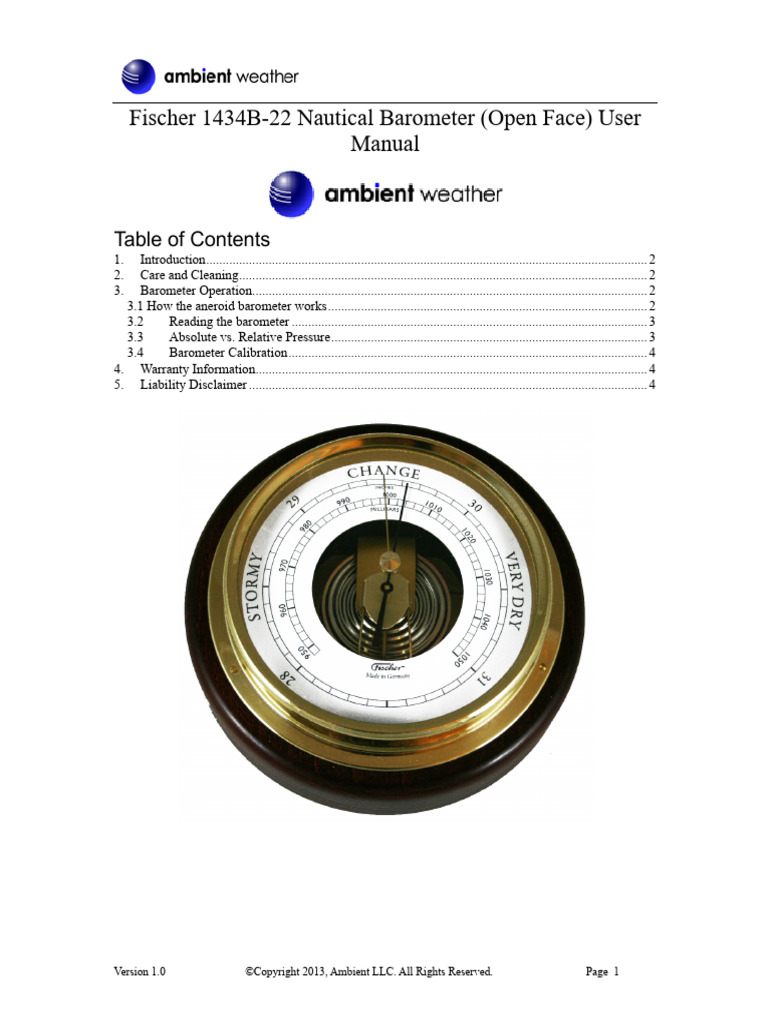 Fischer 1434B-22 Nautical Barometer (Open Face) User Manual | PDF ...