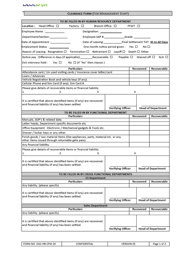 Management Staff Clearance Form | PDF