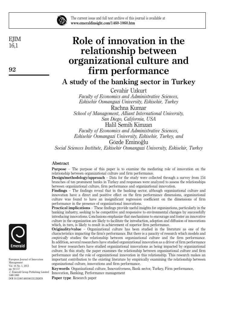 Role of Innovation in The Relationship Between Organizational Culture ...