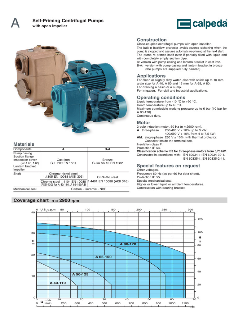 Self-Priming Centrifugal Pumps Overview | PDF | Pump | Electric Motor