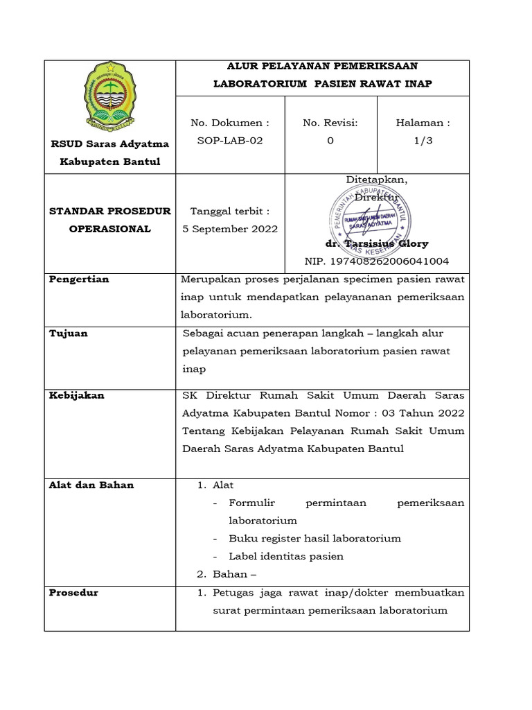 ALUR PELAYANAN LAB PASIEN RAWAT INAP | PDF