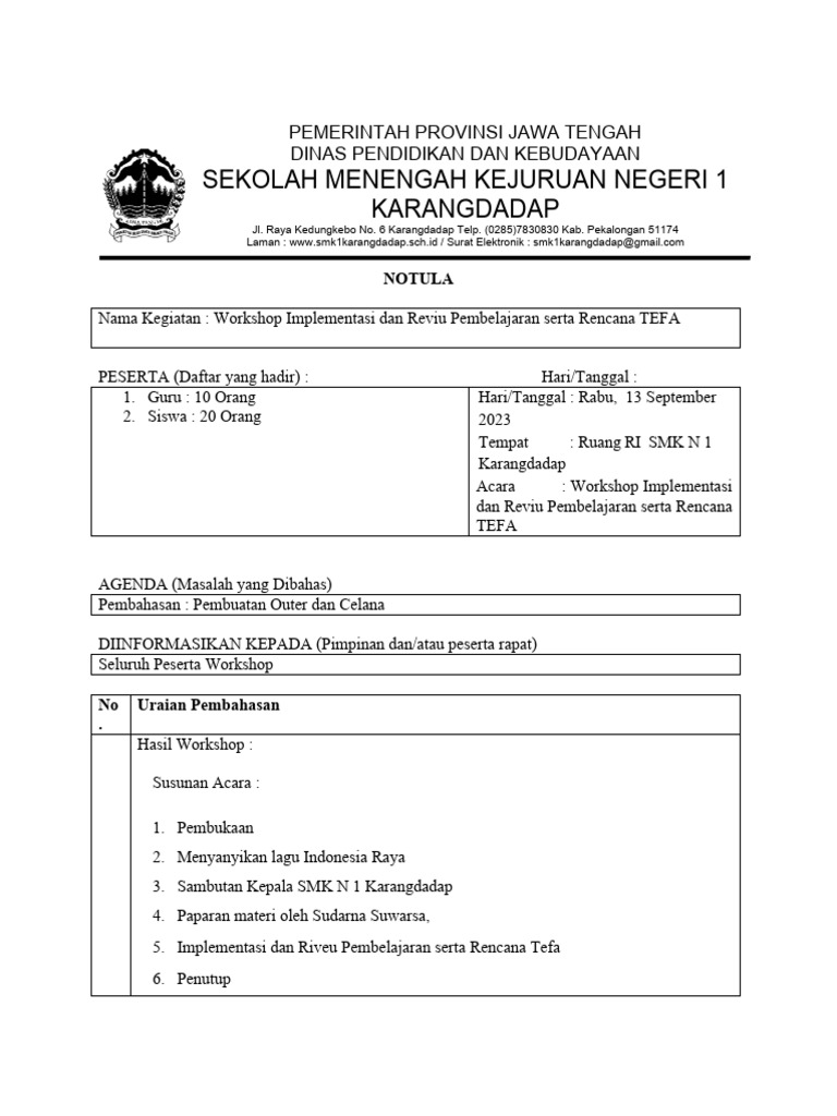 Workshop TEFA di SMK Karangdadap | PDF