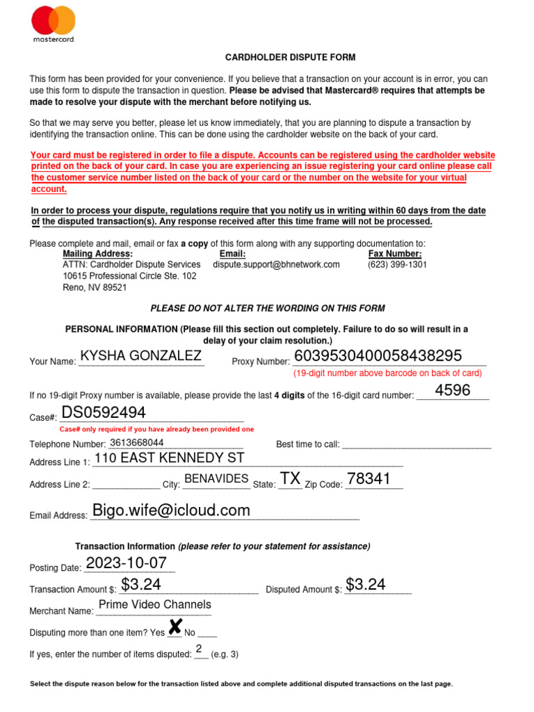Cardholder Dispute Form 2022 MC PDF Credit Card Financial Services