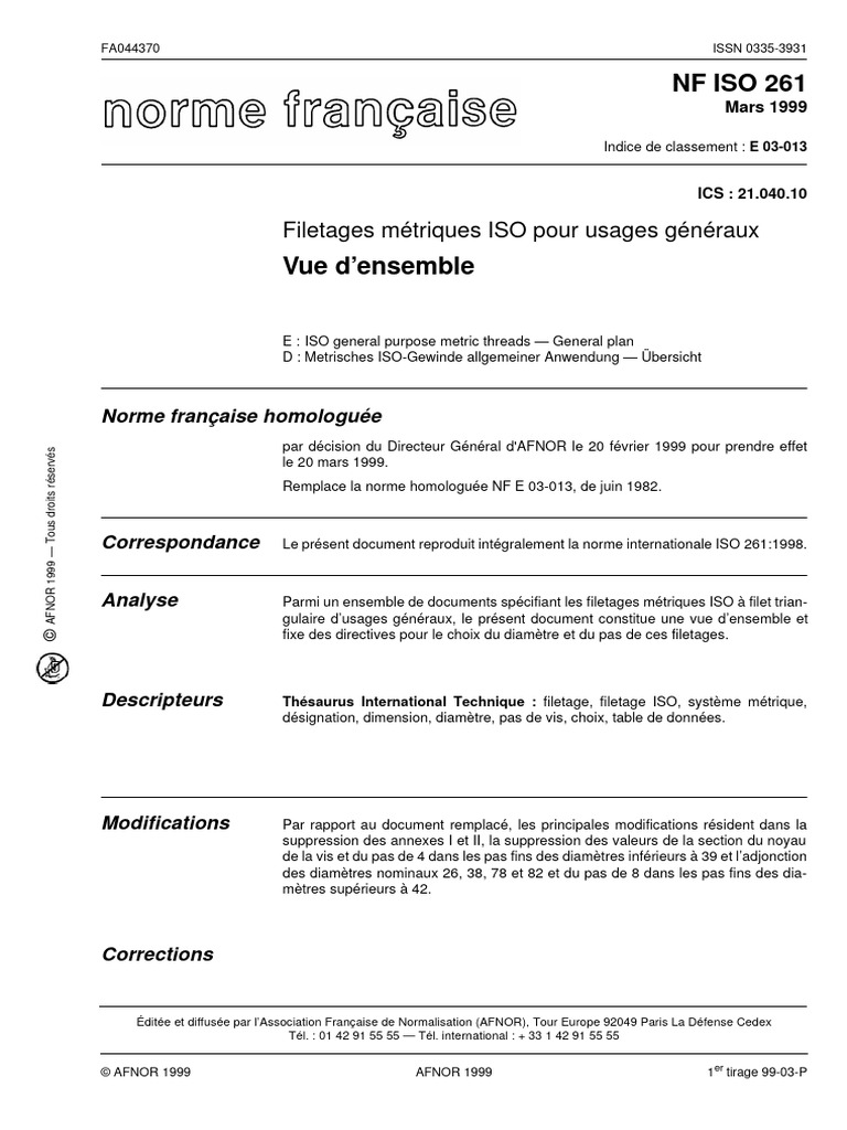 Filetages ISO 261 : Guide général | PDF | Organisation internationale ...