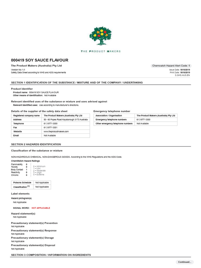 Soy Sauce Flavour SDS PDF Toxicity Dangerous Goods