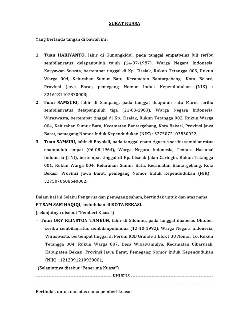 Surat Kuasa Dibawah Tangan Pt Sam Sam Haqiqi (3) | PDF