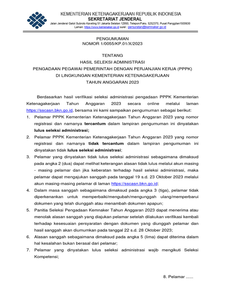 Pengumuman Hasil Administasi PPPK Kemnaker | PDF