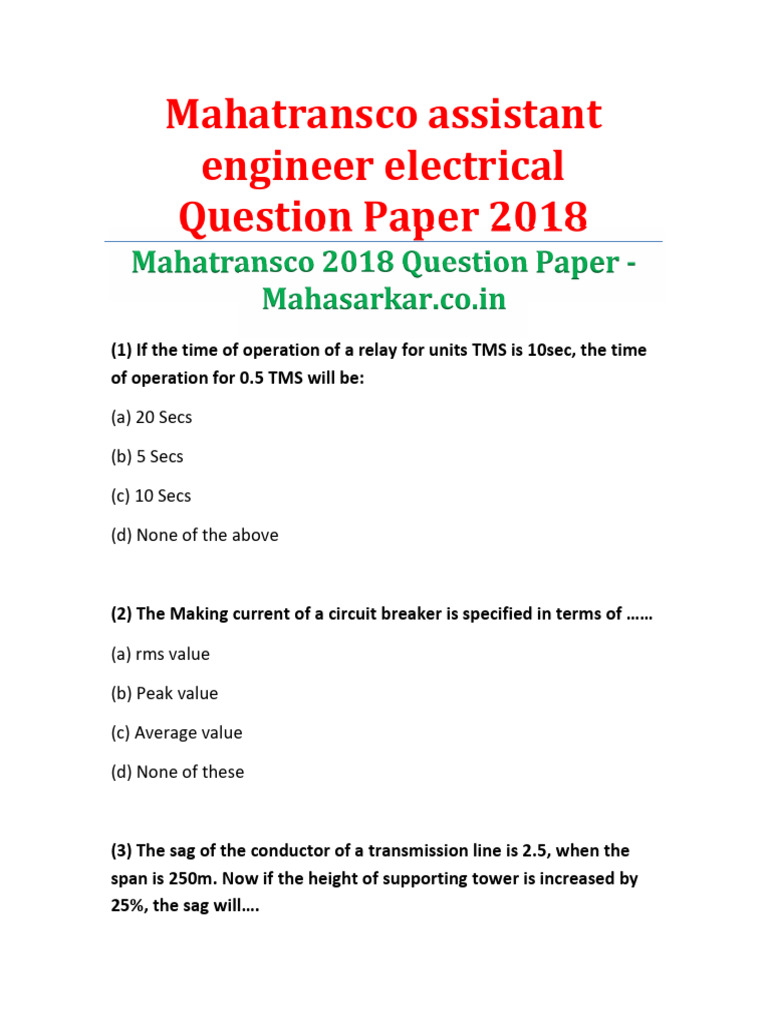 Mahatransco 2018 Question Paper Mahasarkar PDF Electric Power