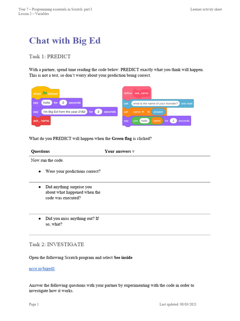 Year 7 Scratch Programming: Variables | PDF | Cognitive Science | Cognition