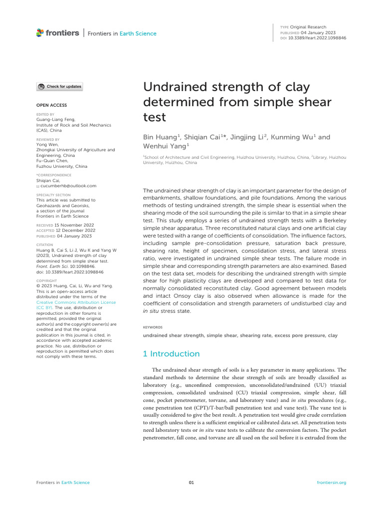 Undrained Strength of Clay Determined From Simple Shear Test | PDF