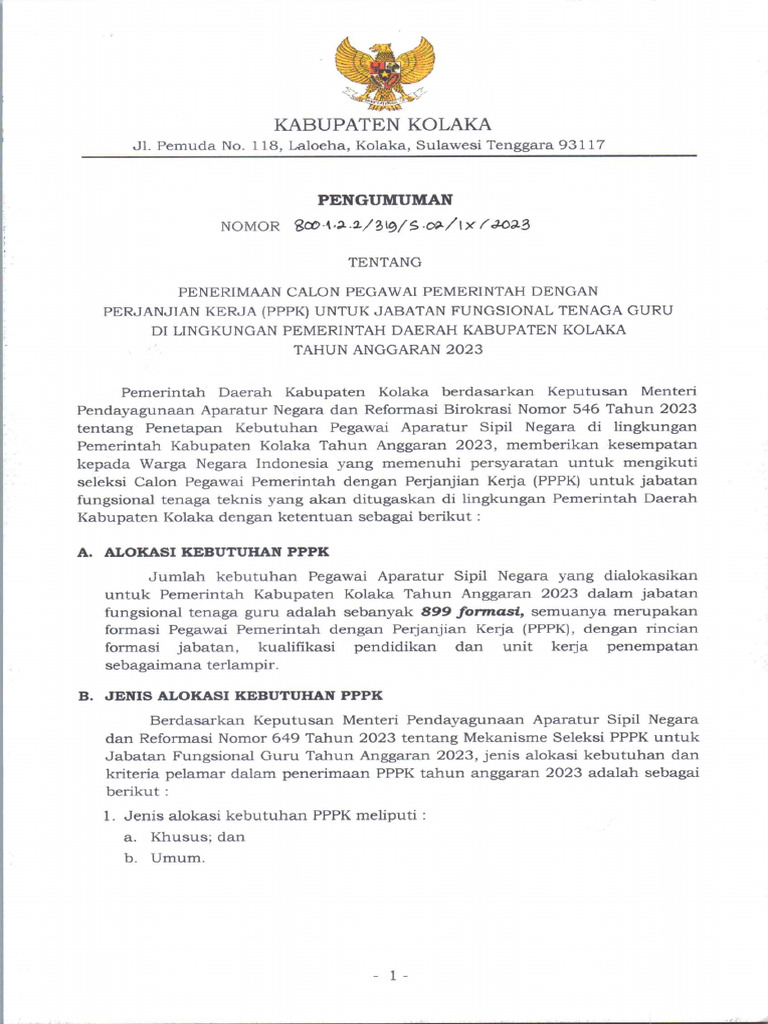 Tenaga Guru - Pengumuman Seleksi PPPK Jabatan Fungsional Pemkab Kolaka