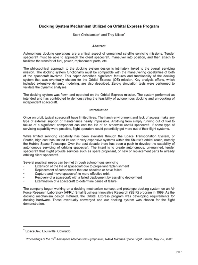 Docking system mechanism utilized on orbital express program download