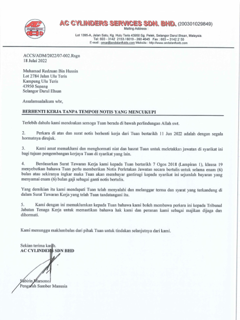 Berhenti Kerja Tanpa Tempoh Notis Yang Mencukupi Pdf