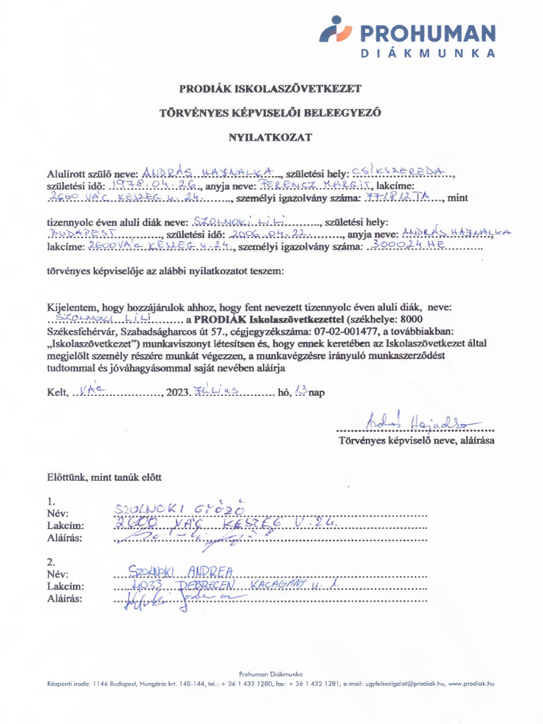 Szülői Nyilatkozat | PDF