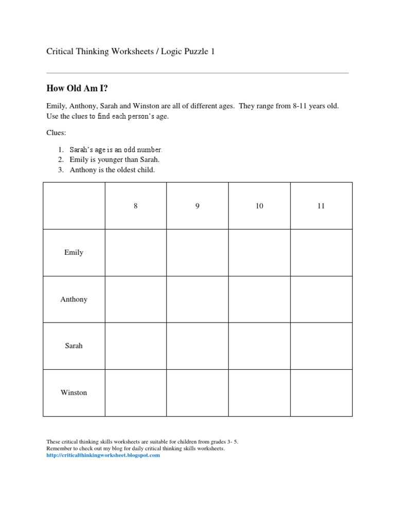 Critical Thinking Logic Puzzles Worksheets | PDF