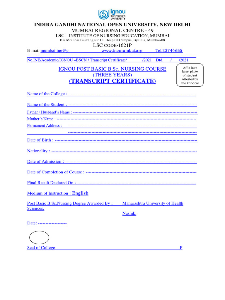 Ignou BSCN Transcript PDF Nursing Intensive Care Medicine