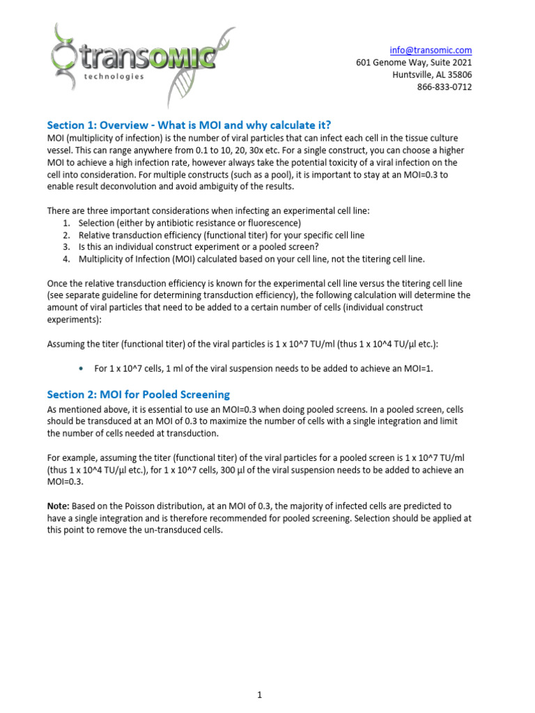 Calculating MOI for Viral Transduction | PDF | Cell Culture | Virus