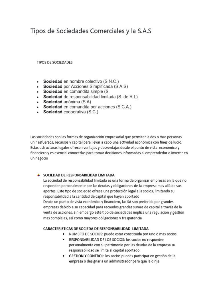 Tipos de Sociedades Comerciales y La SAS | PDF | Sociedad | Business