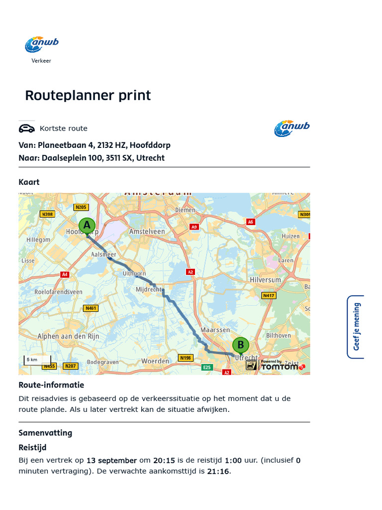 ANWB Routeplanner - Route Van Planeetbaan 4, 2132 HZ, Hoofddorp Naar ...