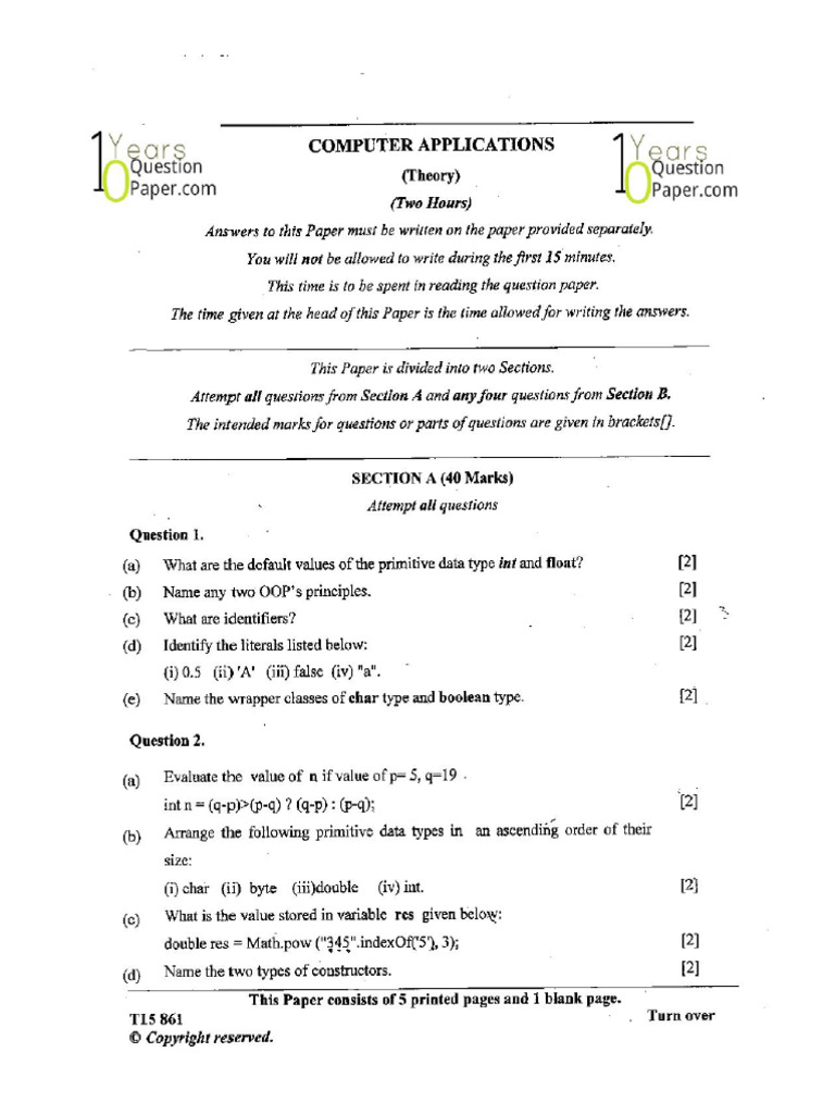 ICSE Class 10 Exam 2015 Computer Application Question Paper | PDF