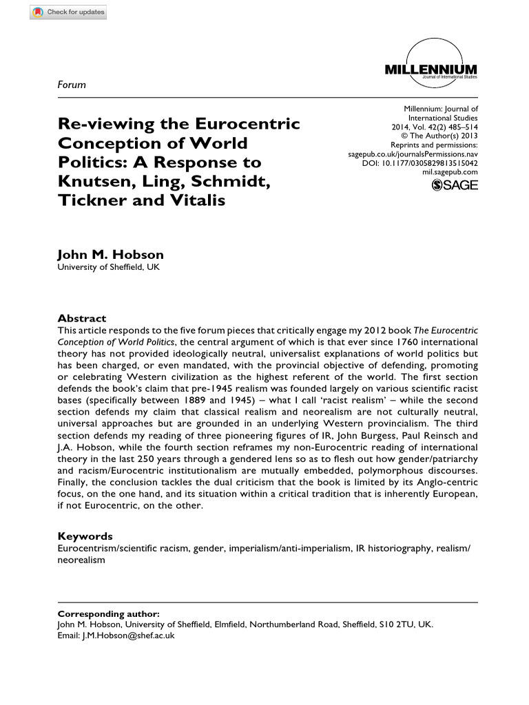Re-Viewing The Eurocentric Conception of World Politics: A Response To ...