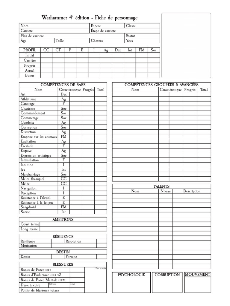 Fiche de personnage Warhammer 4e édition | PDF, image size:768x1024
