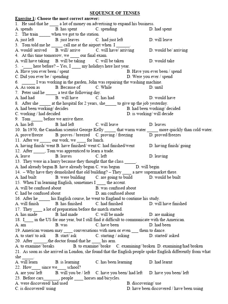 Sequence of tenses exercises pdf