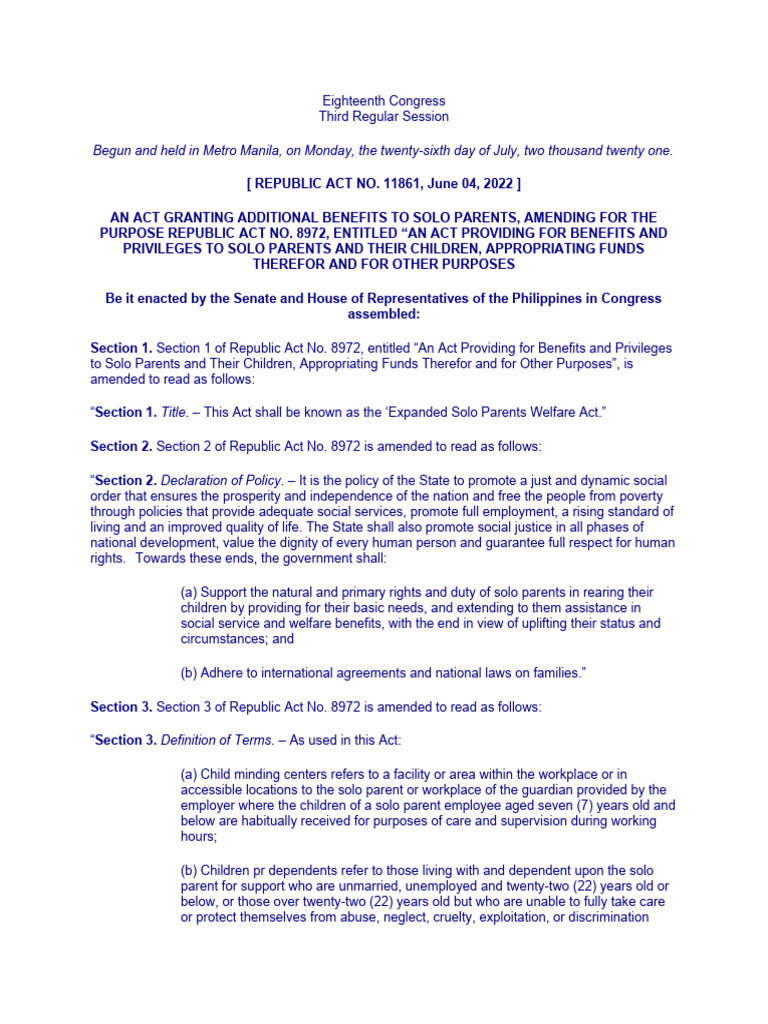 Solo Parent Leave - RA 8972 As Amended by RA 11861 | PDF | Welfare ...