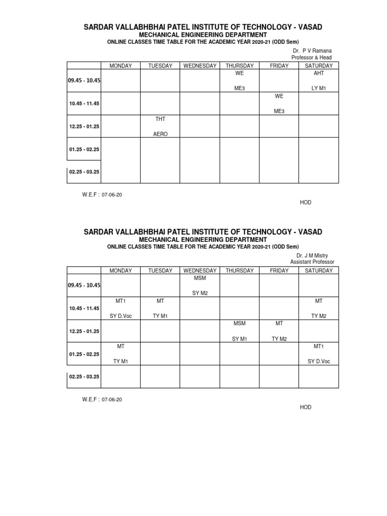 Faculty TIme Table 2020-21 - Odd Sem | Download Free PDF | Engineering