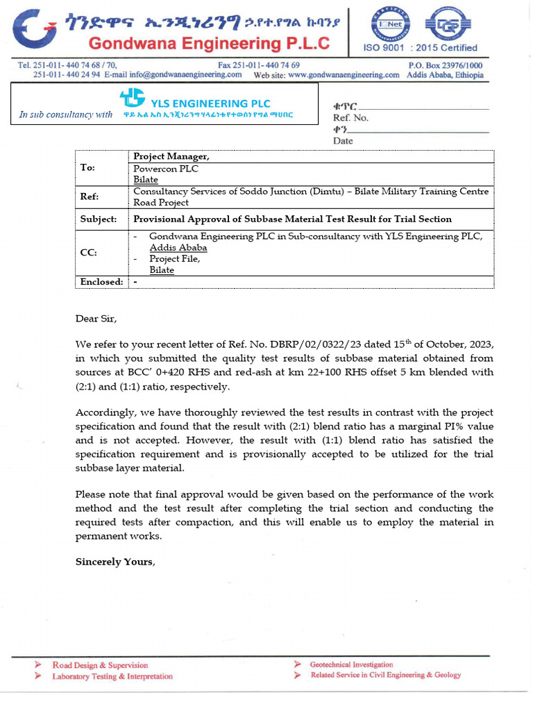 Provisional Approval of Subbase Material Test Result For Trial Section