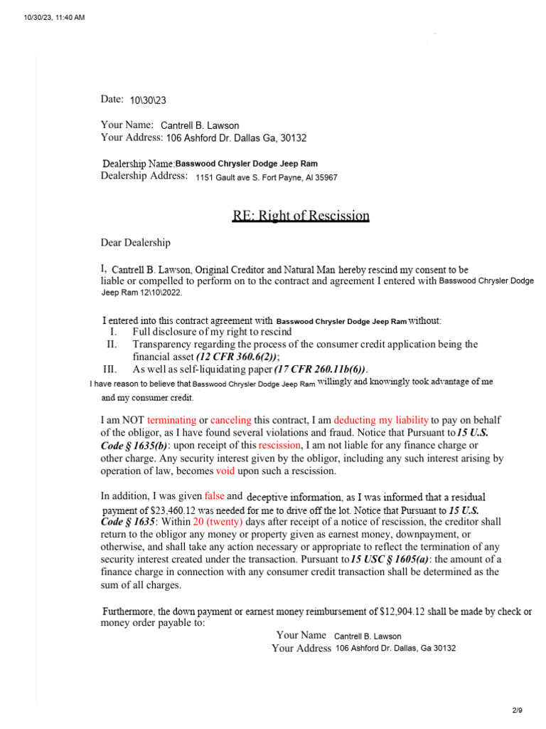 Auto Loan Rescission Affidavit Template | PDF | Security Interest | Credit