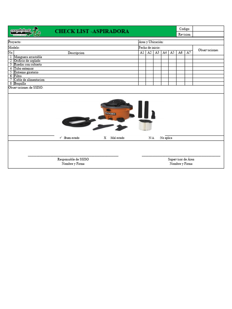 Check List de Aspiradora | PDF