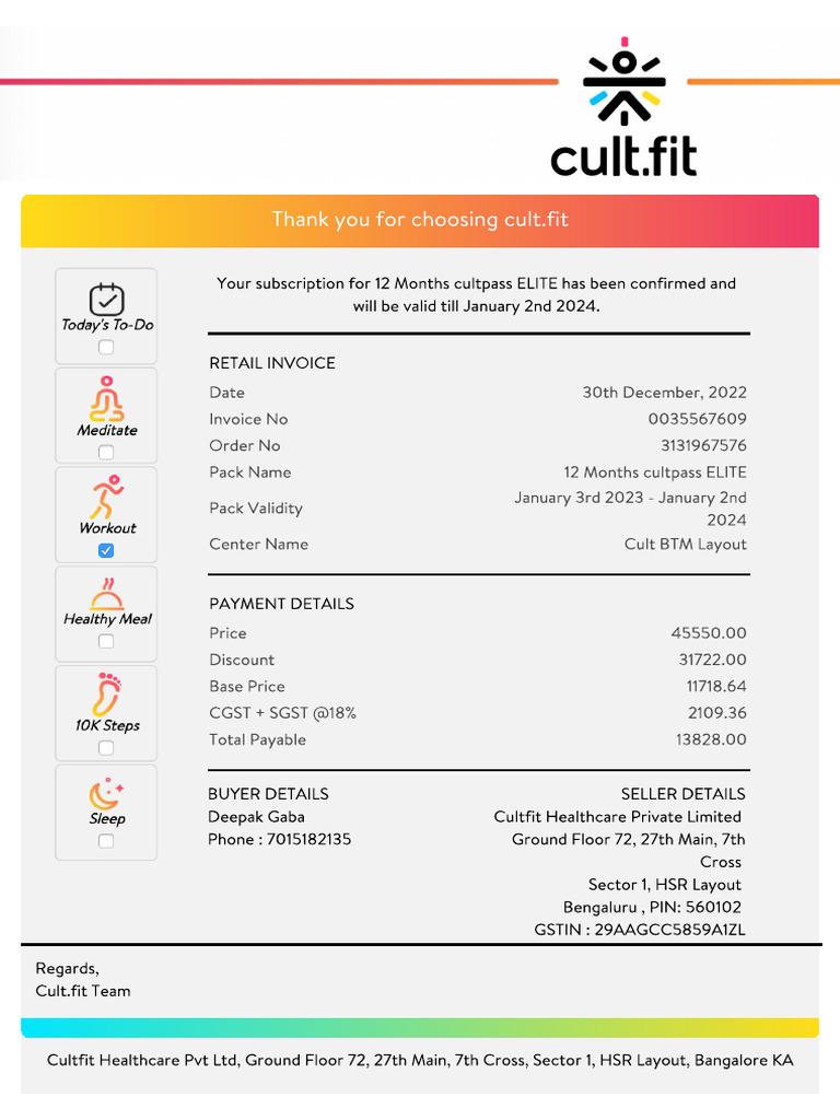 cult fit invoice | PDF