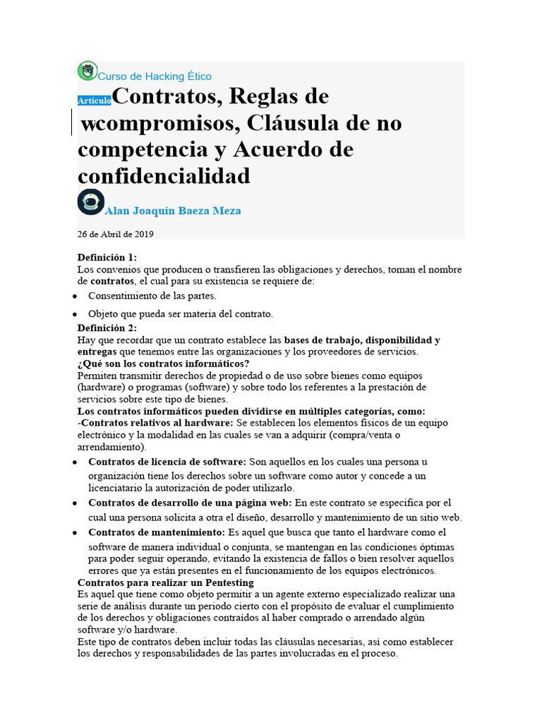 02 - Contratos, Reglas de Compromisos, Cláusula de No Competencia y