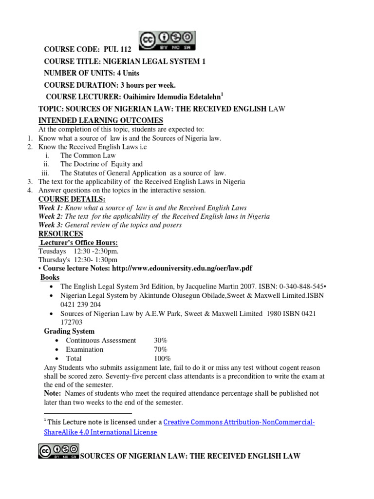 Nigerian Legal System 1d | PDF | Equity (Law) | Common Law