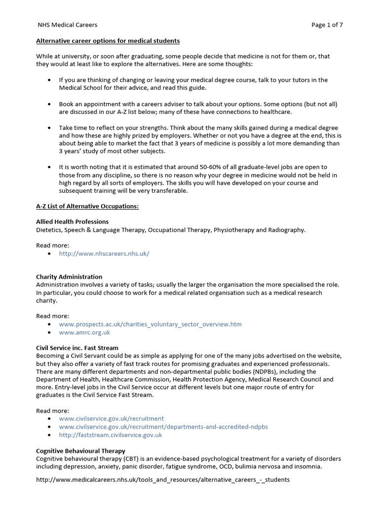 ALTERNATIVE CAREERS FOR PRE MED STUDENTS intelligence overview
