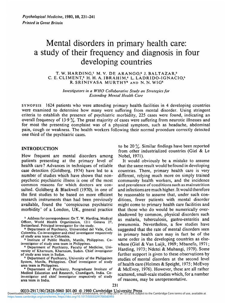 Mental Disorders in Primary Care Study | PDF | Mental Disorder | Psychiatry