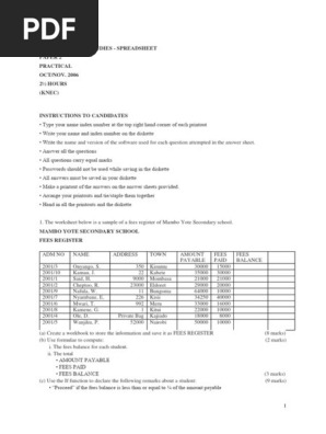 SPREADSHEET 2006-2021 KCSE COMPUTER STUDIES PRACTICAL