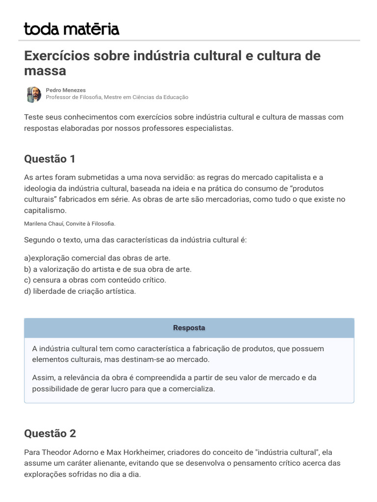 10 Exercícios Sobre Indústria Cultural e Cultura de Massa - Toda ...