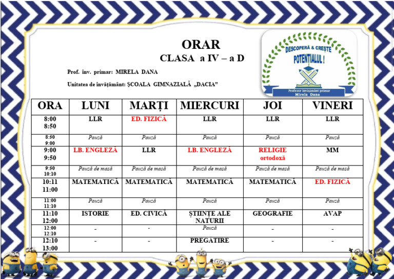 Orar Clasa A IV - A D 2023 - 2024 Varianta 3 | PDF