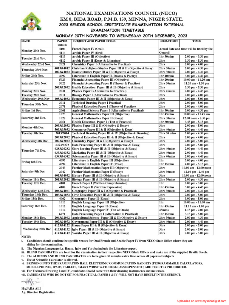 NECO GCE Timetable 2023 PDF