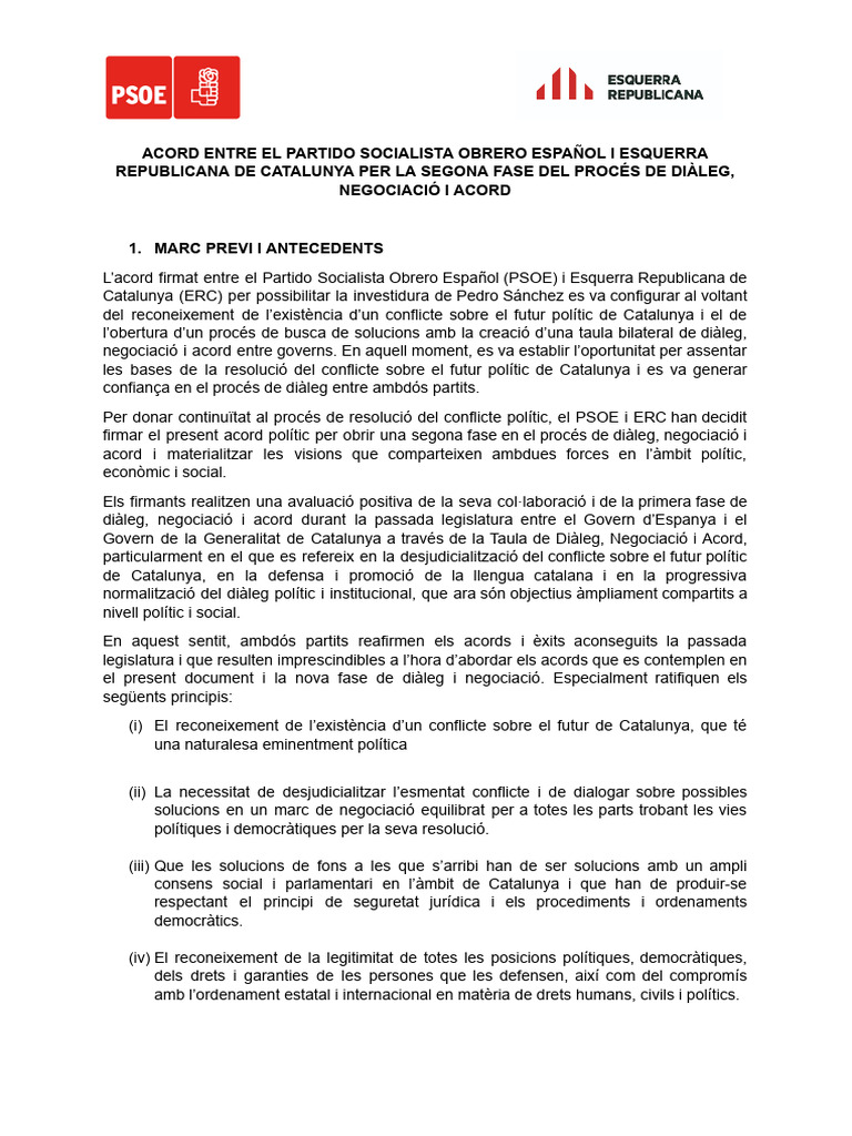 Acord D'investidura Signat Per El PSOE I Esquerra | PDF