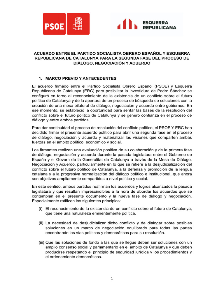 Documento: Acuerdo de PSOE y ERC para la investidura de Pedro Sánchez ...