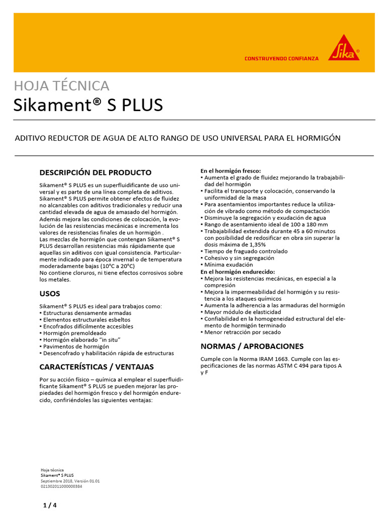 Sikament® S PLUS: Aditivo para Hormigón | PDF | Hormigón | Ciencias fisicas