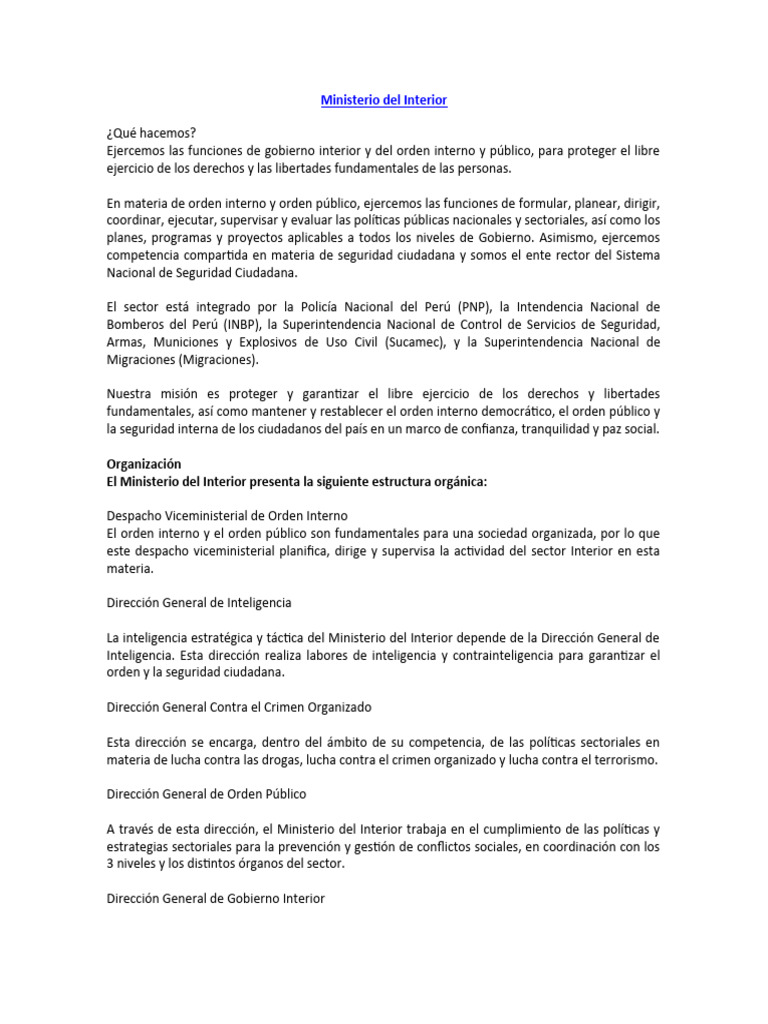 Misión y visión del Ministerio del Interior | PDF | Ministerio ...