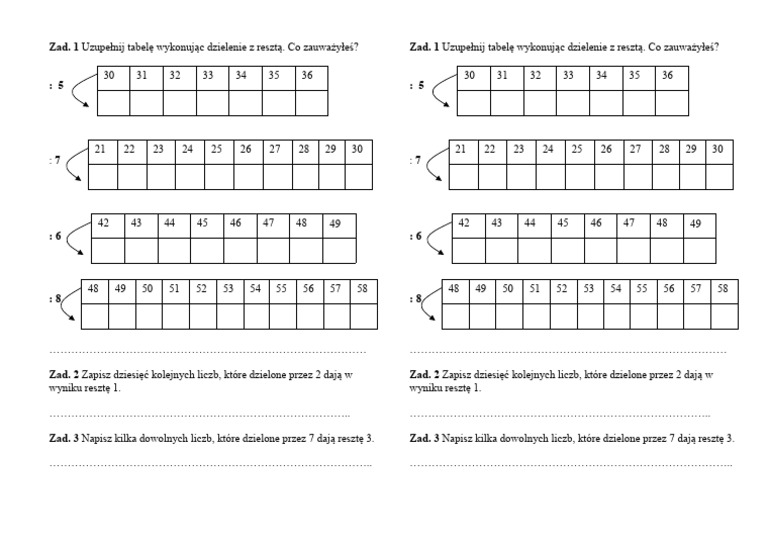 Dzielenie Z Resztą Klasa 4 Do Wydruku Dzielenie Z Resztą | PDF
