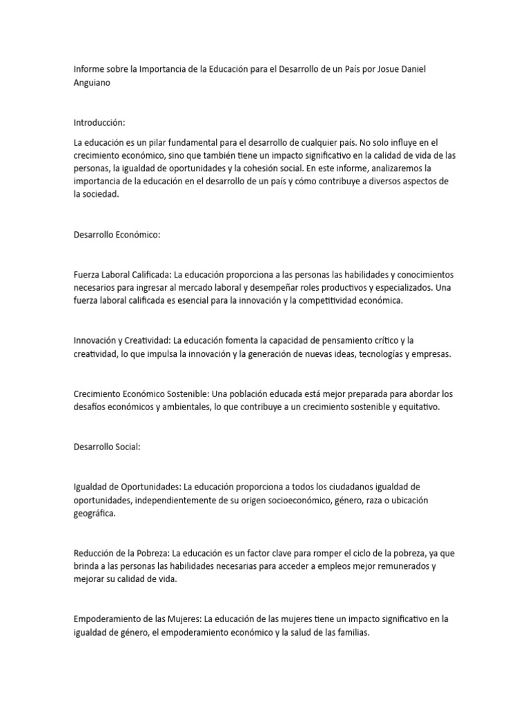 Importancia de la Educación en el Desarrollo | PDF | Igualdad de género ...