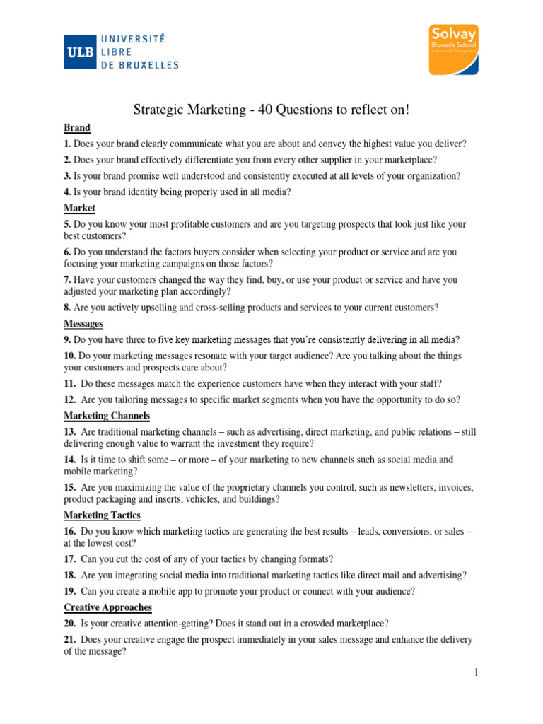 40 Questions For Strategic Marketing | PDF | Marketing | Brand