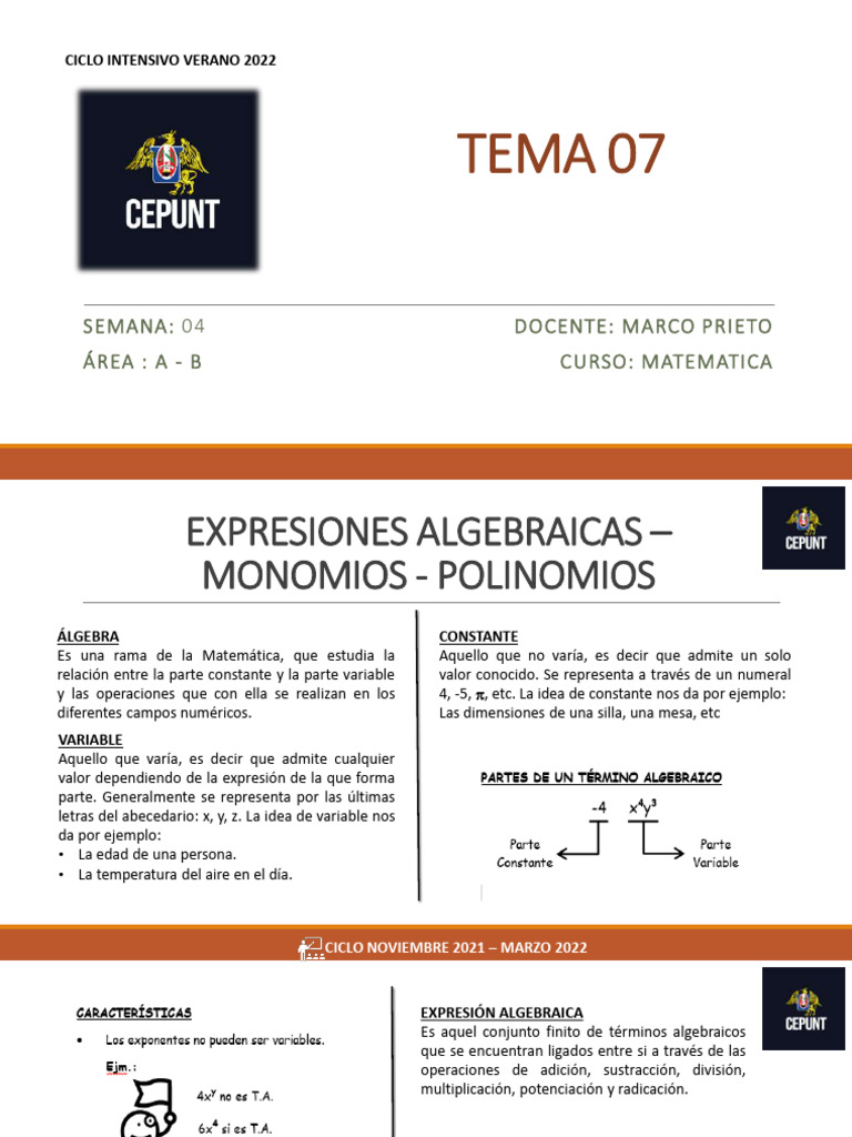 Expresiones Algebraicas Monomios y Polinomios | PDF
